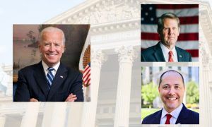 Biden pictured with Kemp and Carr after announcement of intent to sue the Biden Administration over health care plans