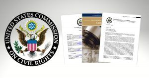 us commission on civil rights logo next to document excerpts from report on implications of cash bail