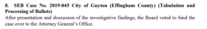 State Election Board minutes showing investigation bound over to Georgia Attorney General after fine and reprimands