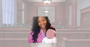 Picture of Ashlyn Griffin and her daughter appear in foreground of trial court. First day of Ashlyn Griffin trial