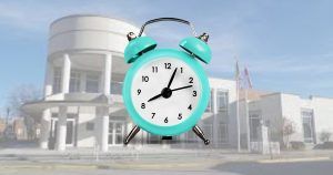 A clock appears in the foreground of the Bulloch County judicial annex