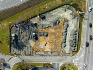 Drone photo of the former IHOP location on US Highway 80 in statesboro,ga during demolition.