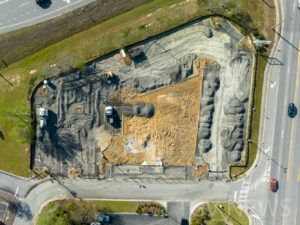 Drone photo of the former IHOP location on US Highway 80 in statesboro,ga during demolition.